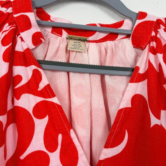 Magaschoni Linen Puff Sleeve Dress - Poppy Red & White Size M - Picture 6 of 9